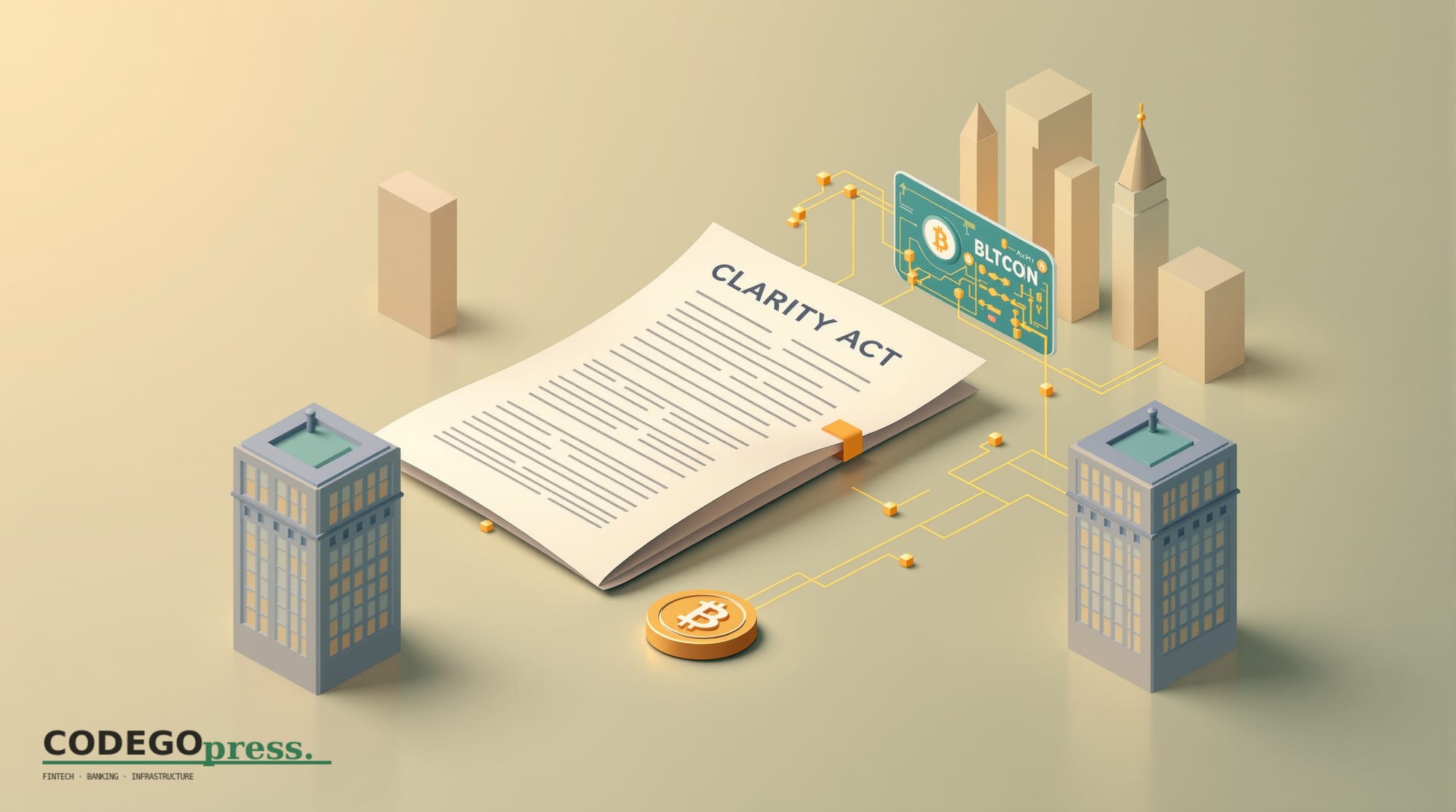 flat 3D isometric vector editorial illustration, banking-green primary (#1A6B43), cream background, gold and navy accents, so