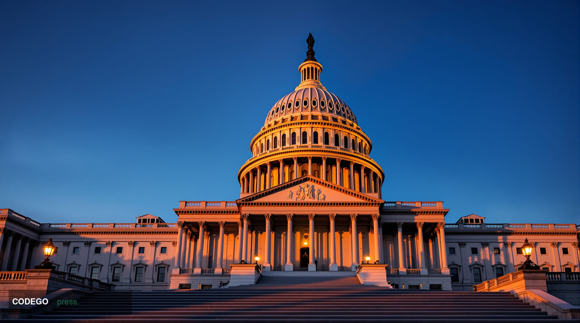 A photorealistic editorial photograph capturing the US Capitol building's iconic dome and steps during golden hour, with dram