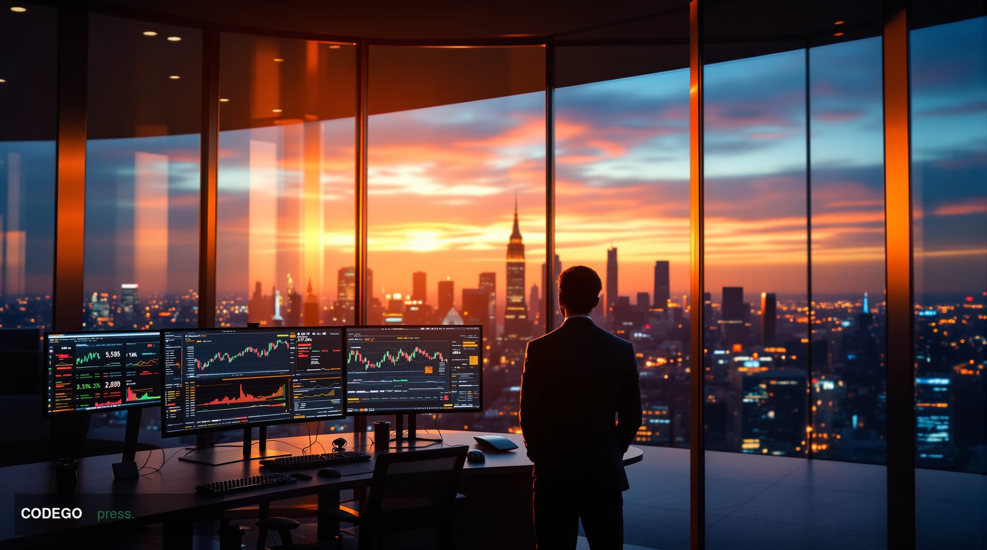 A dramatic photorealistic editorial photograph capturing the global cryptocurrency trading landscape and regulatory divide. T