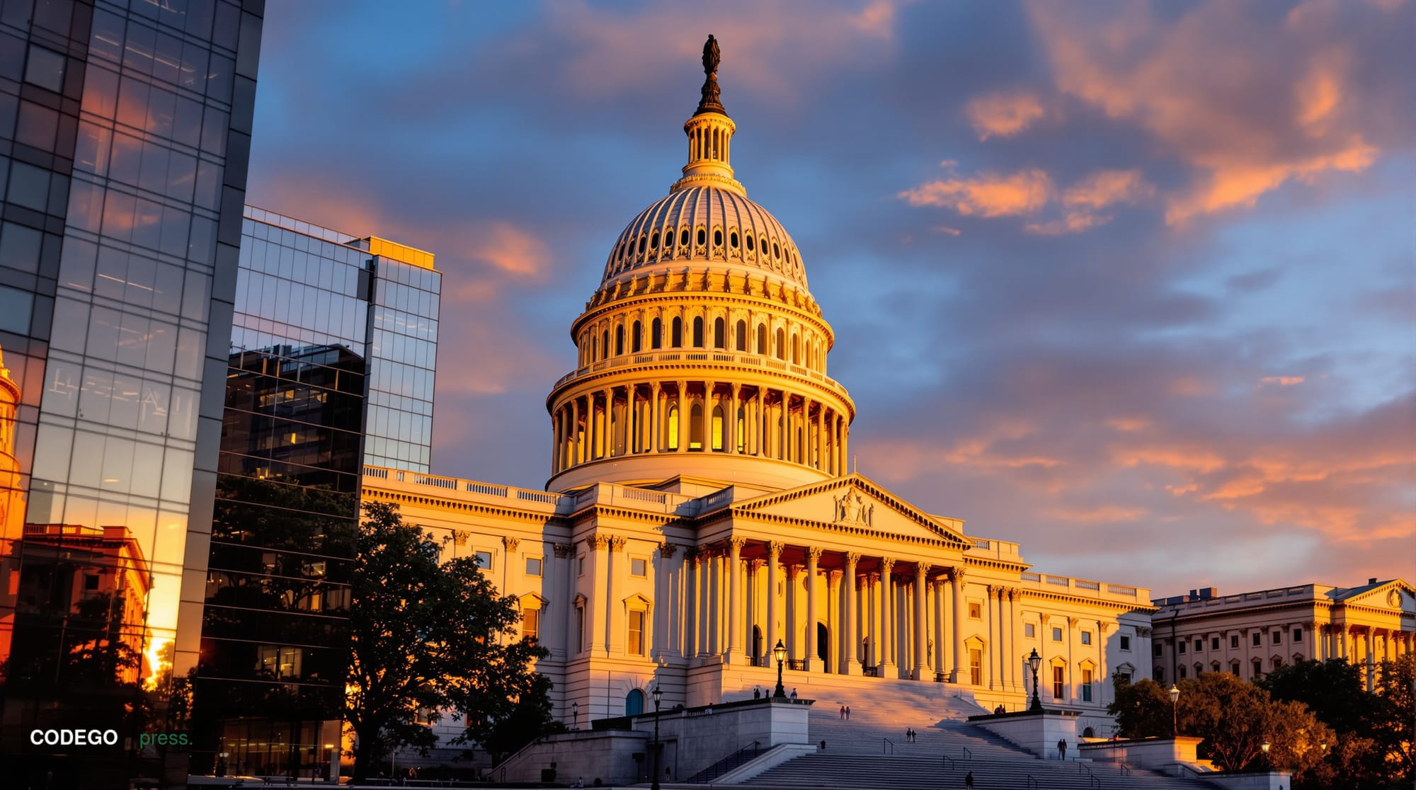 A dramatic wide-angle shot of the United States Capitol building's iconic dome and steps at golden hour, with warm amber ligh