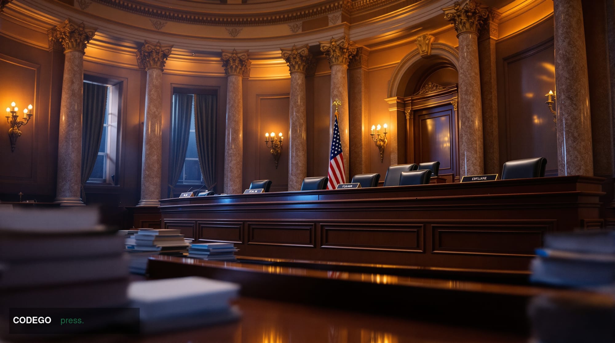 A photorealistic editorial photograph of the United States Senate Banking Committee hearing room during a markup session, cap