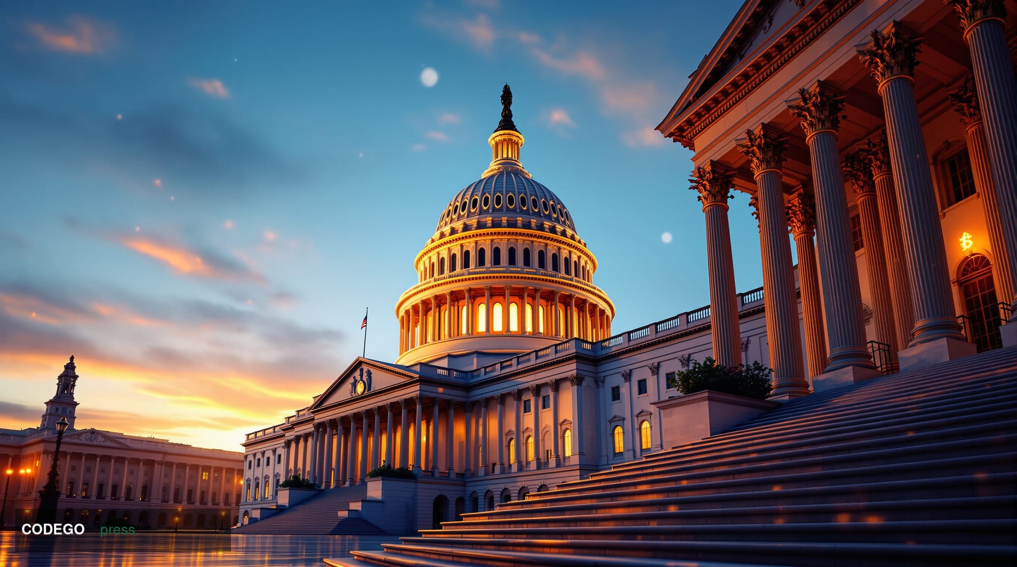 A dramatic photorealistic editorial photograph of the United States Capitol building at golden hour, with the Senate chamber 