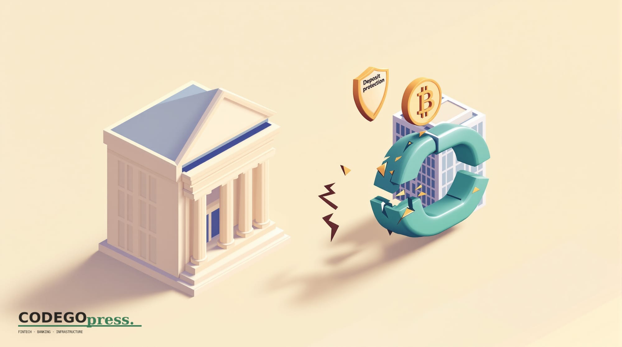 Flat 3D isometric vector editorial illustration showing a bank building (cream/beige facade) on the left connected by a broke