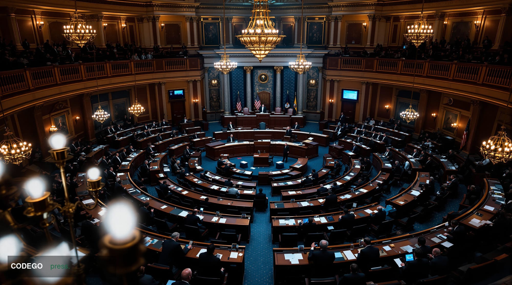 A dramatic photorealistic editorial photograph of the United States Senate chamber during a tense late-night session, shot fr