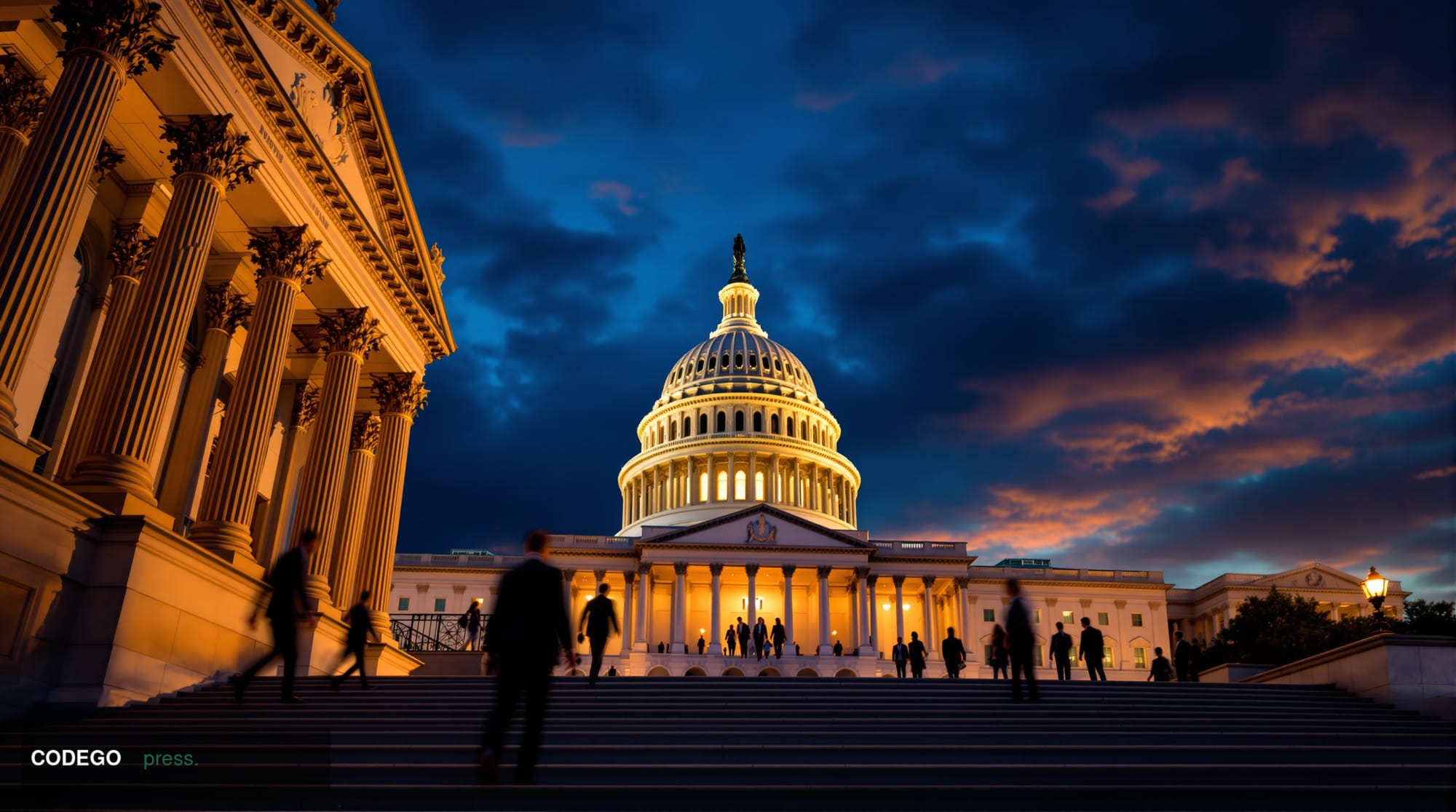 A cinematic editorial photograph of the United States Capitol building's Senate wing during golden hour, with dramatic chiaro