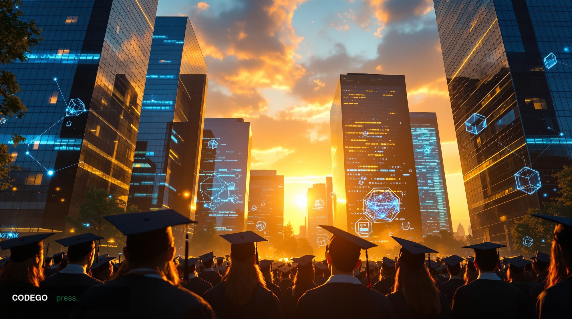 A dramatic editorial photograph capturing the intersection of education and technology, featuring a university campus graduat