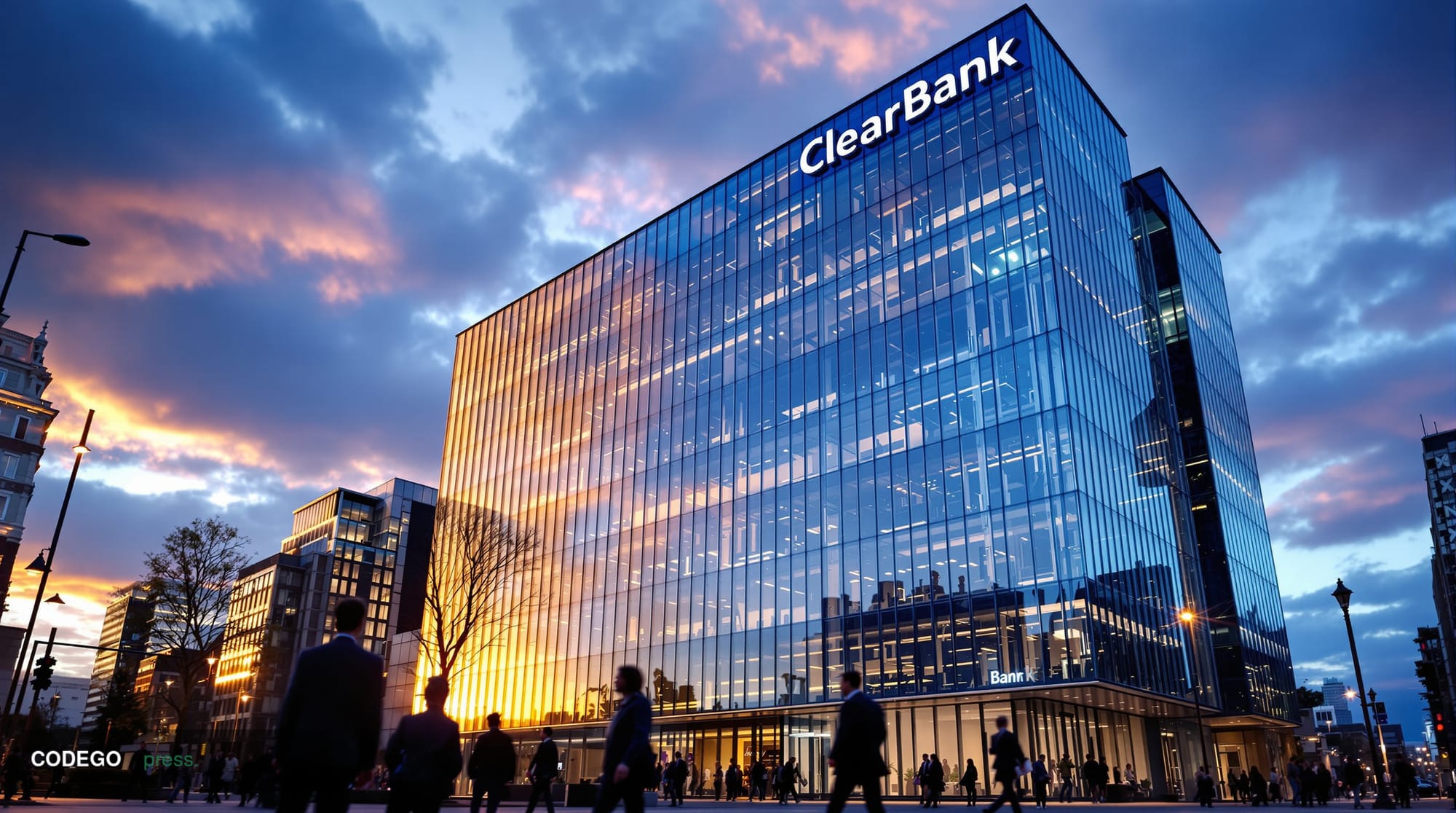 A photorealistic editorial photograph showing ClearBank Europe's modern corporate headquarters in Amsterdam or London, with d