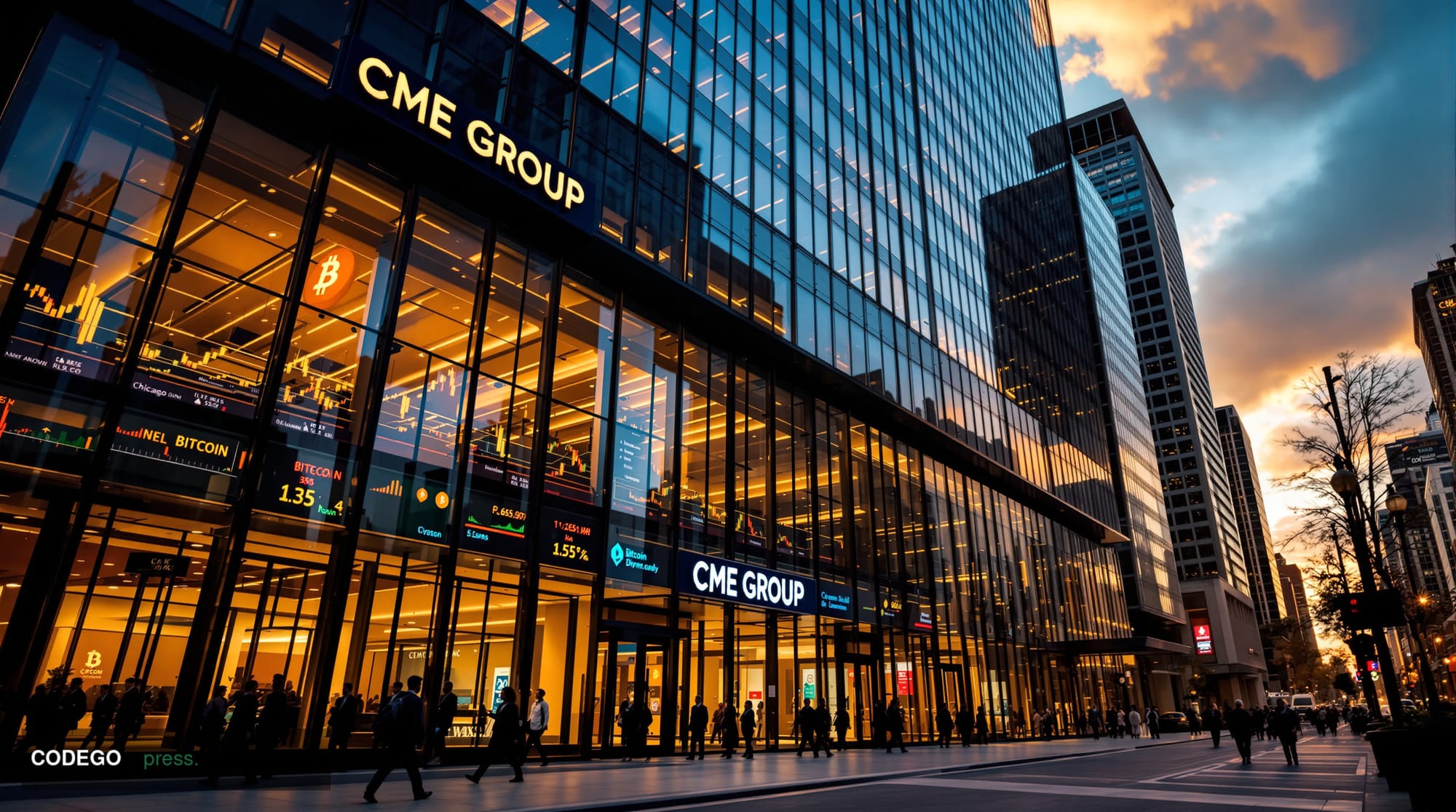 Photorealistic editorial photograph showing the iconic <a href="https://www.cmegroup.com" target="_blank" rel="noopener">CME 