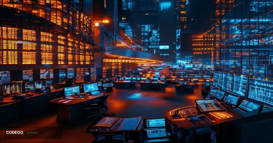 A photorealistic editorial photograph capturing the CME Group's iconic Chicago Mercantile Exchange trading floor at night, dr