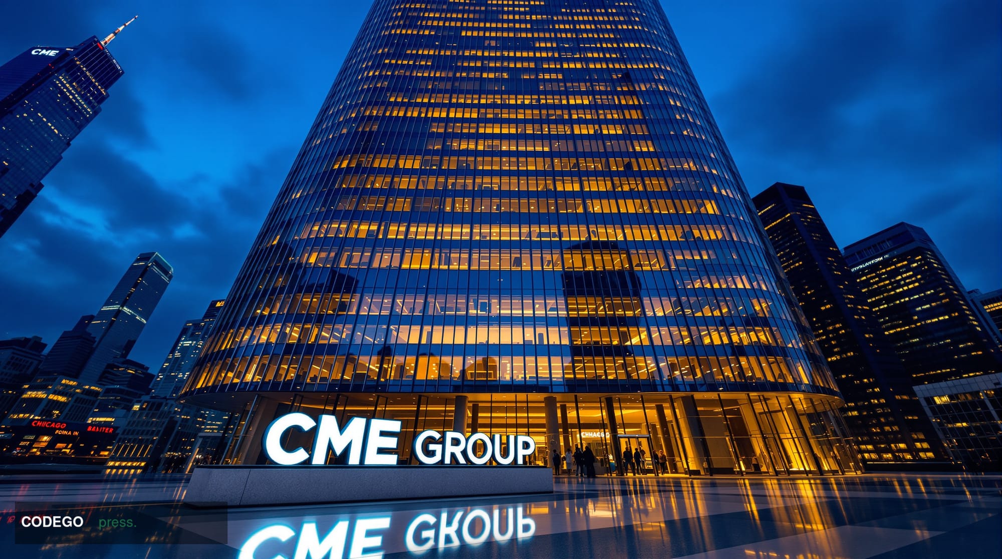 A dramatic wide-angle photograph of the CME Group's iconic Chicago headquarters building at 20 South Wacker Drive, captured d