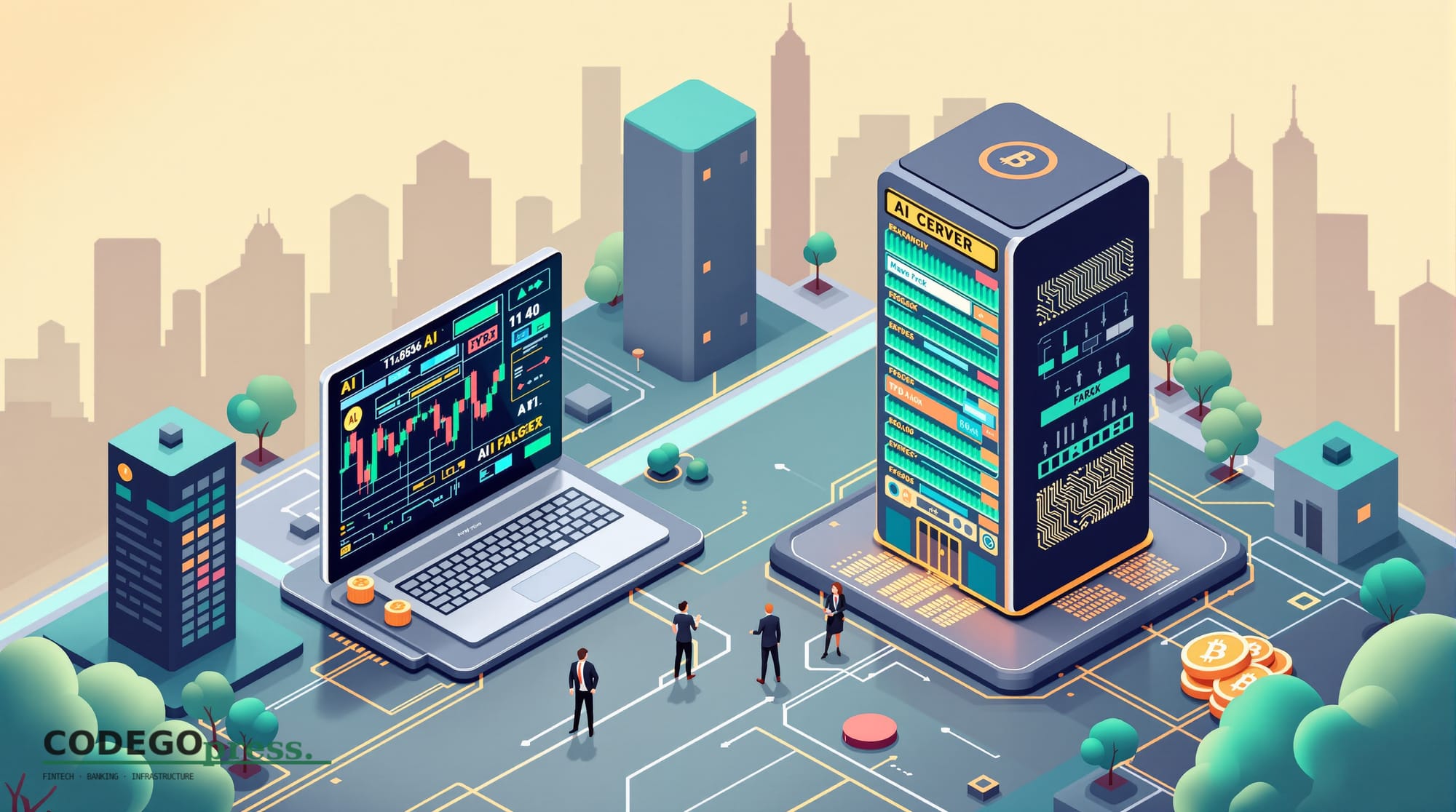 flat 3D isometric vector editorial illustration, banking-green primary (#1A6B43), cream background, gold and navy accents, so
