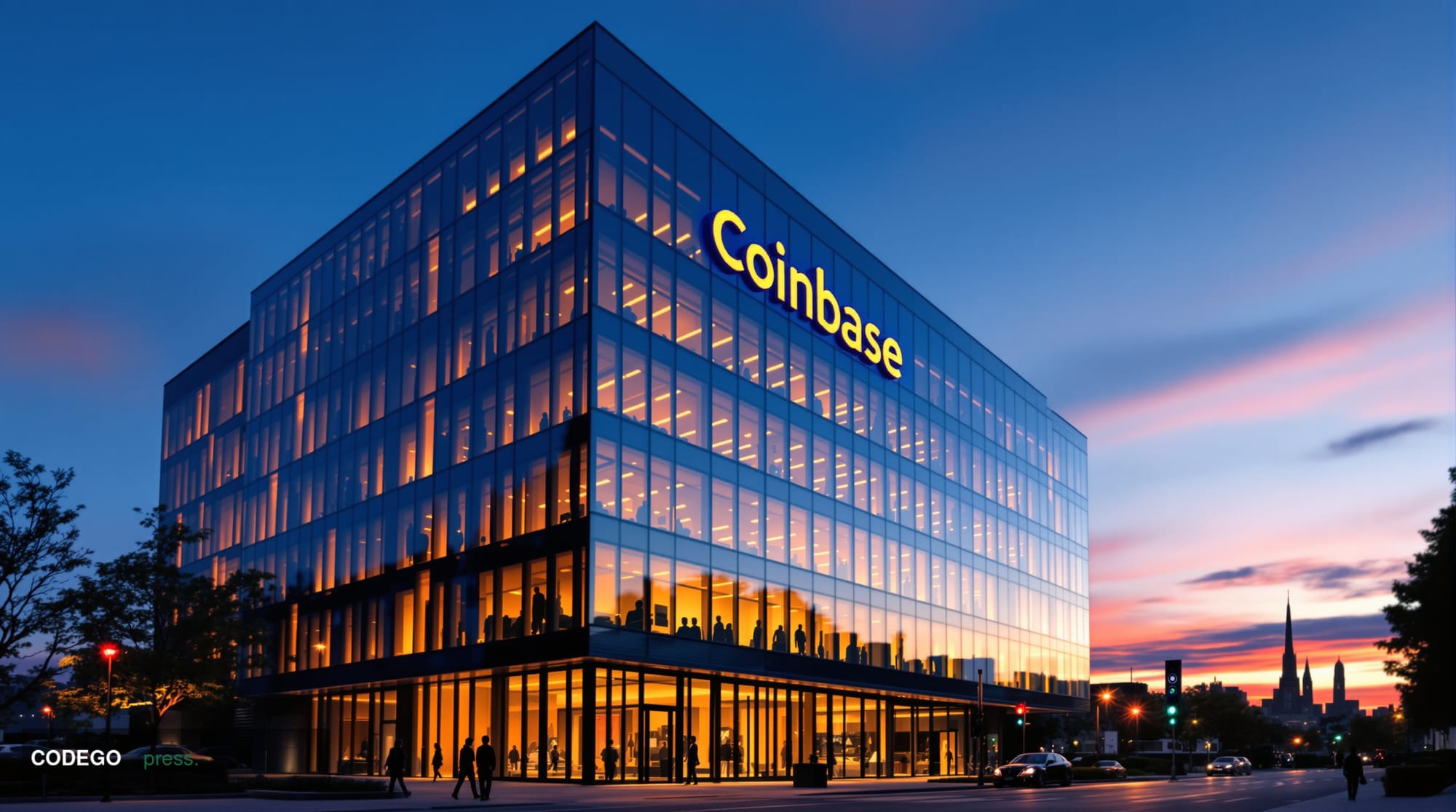 A photorealistic editorial photograph showing Coinbase's distinctive San Francisco headquarters building at dusk, with the co