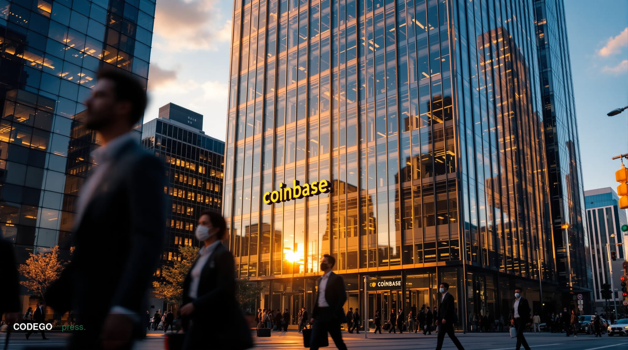 A cinematic editorial photograph capturing the exterior of Coinbase's distinctive San Francisco headquarters building in the 