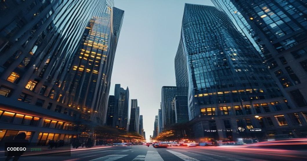 A photorealistic editorial photograph showing the stark contrast between traditional and digital finance through architectura