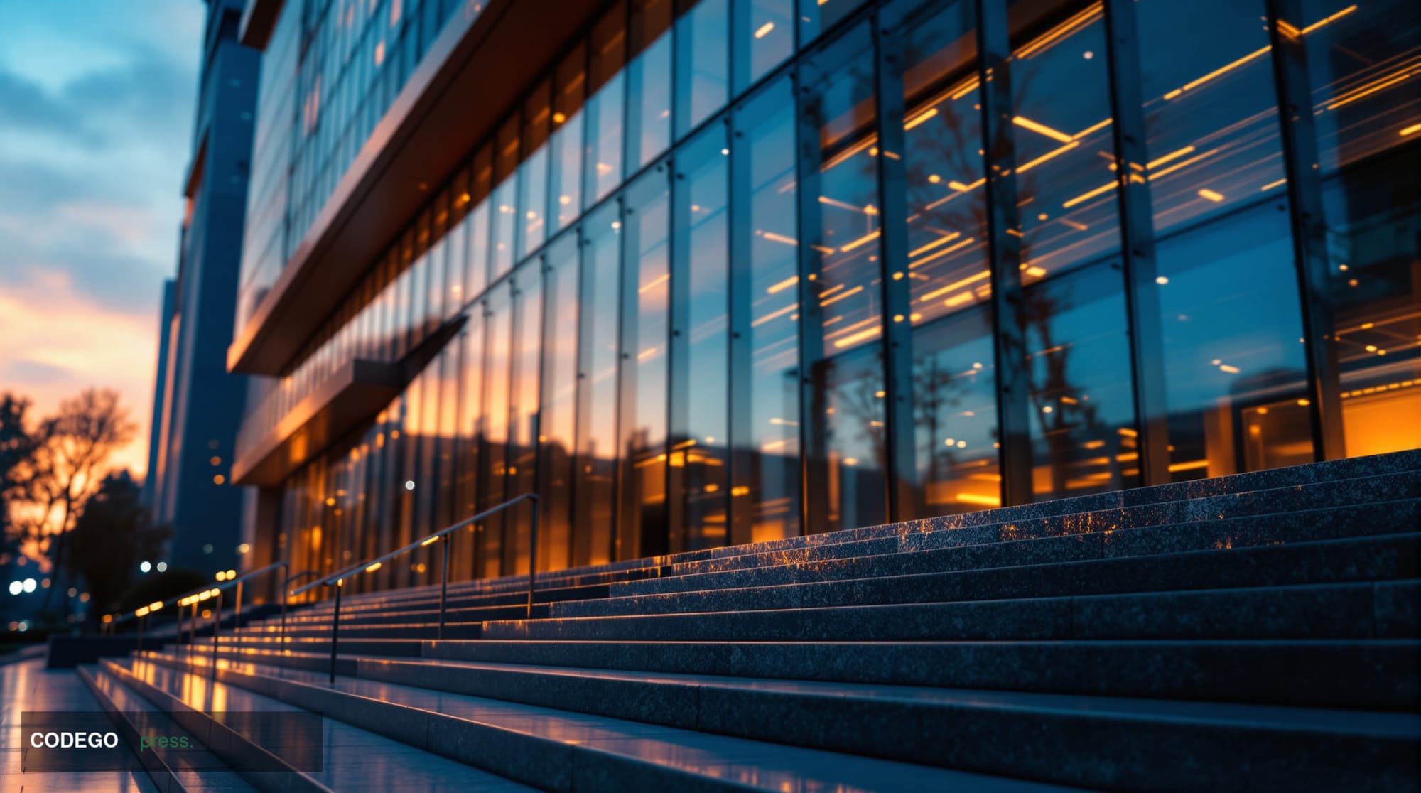 A dramatic exterior shot of a modern cryptocurrency exchange headquarters building at golden hour, captured with cinematic li
