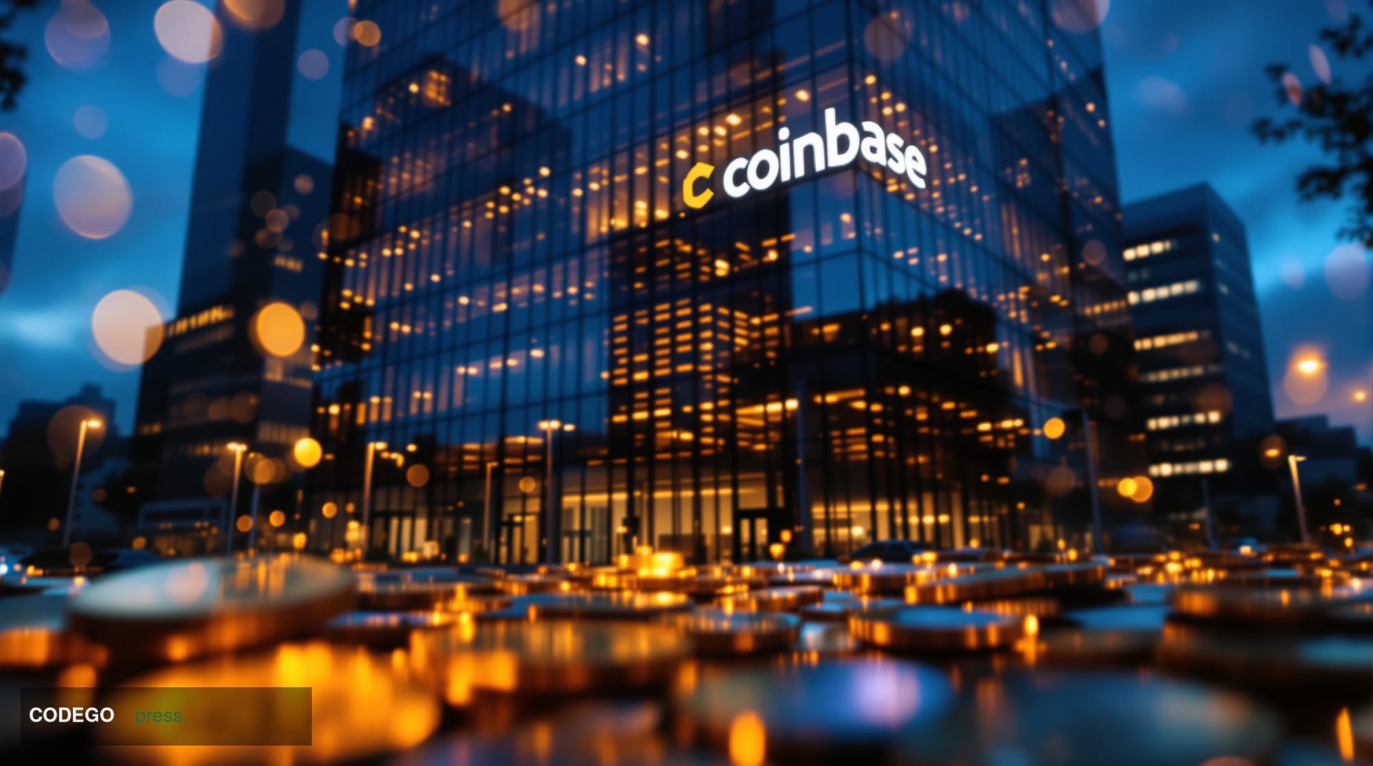 Cinematic editorial photograph of Coinbase's San Francisco headquarters at 1 Hacker Way, shot from a low angle during golden 