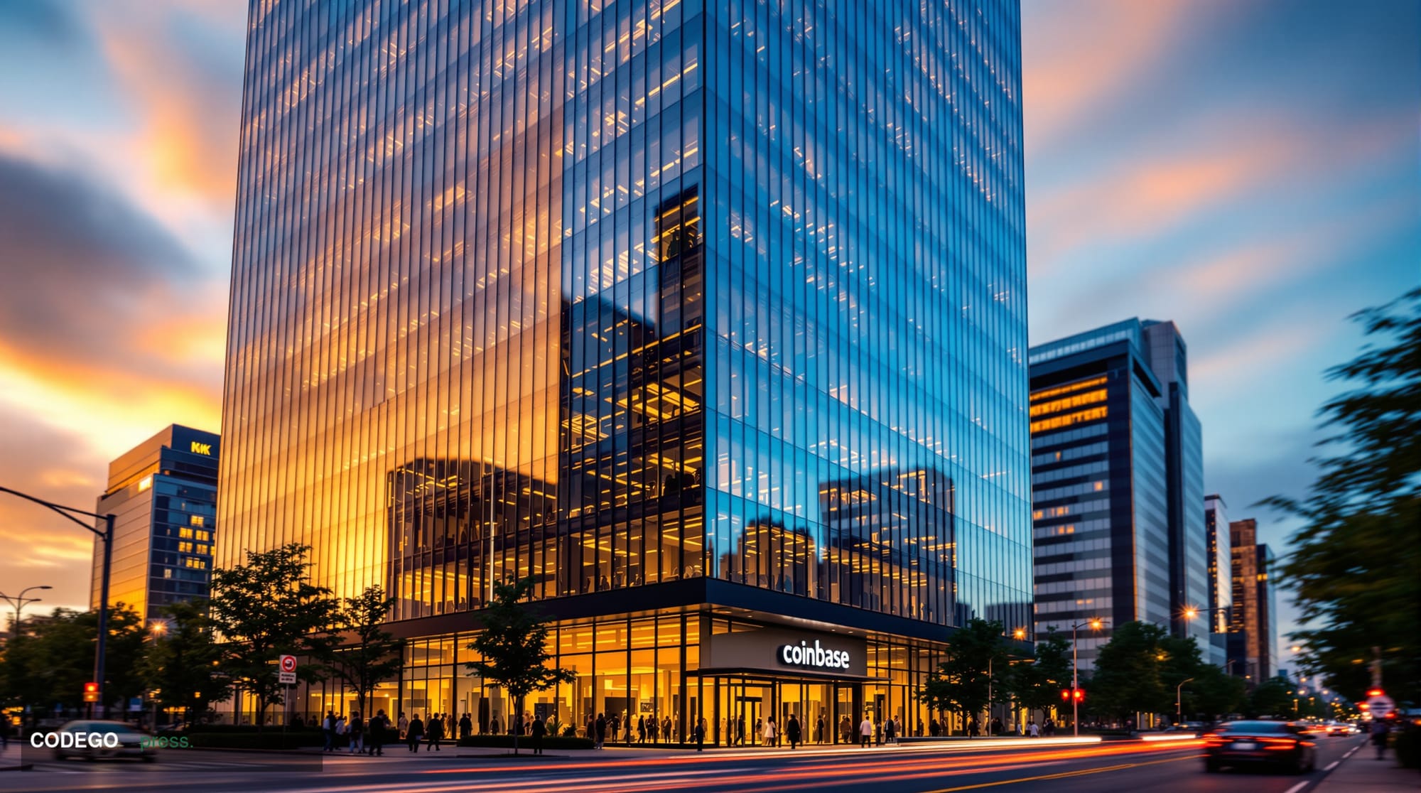 A striking wide-angle photograph of <a href="https://coinbase.com" target="_blank" rel="noopener">Coinbase</a>'s modern glass