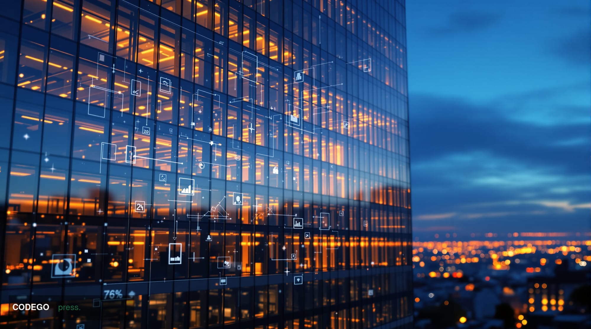 A cinematic editorial photograph of Coinbase's San Francisco headquarters building at dusk, shot from a low angle to emphasiz