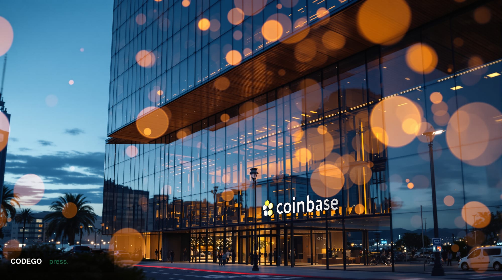 A cinematic editorial photograph showcasing Coinbase's distinctive glass and steel headquarters in San Francisco's Mission Ba