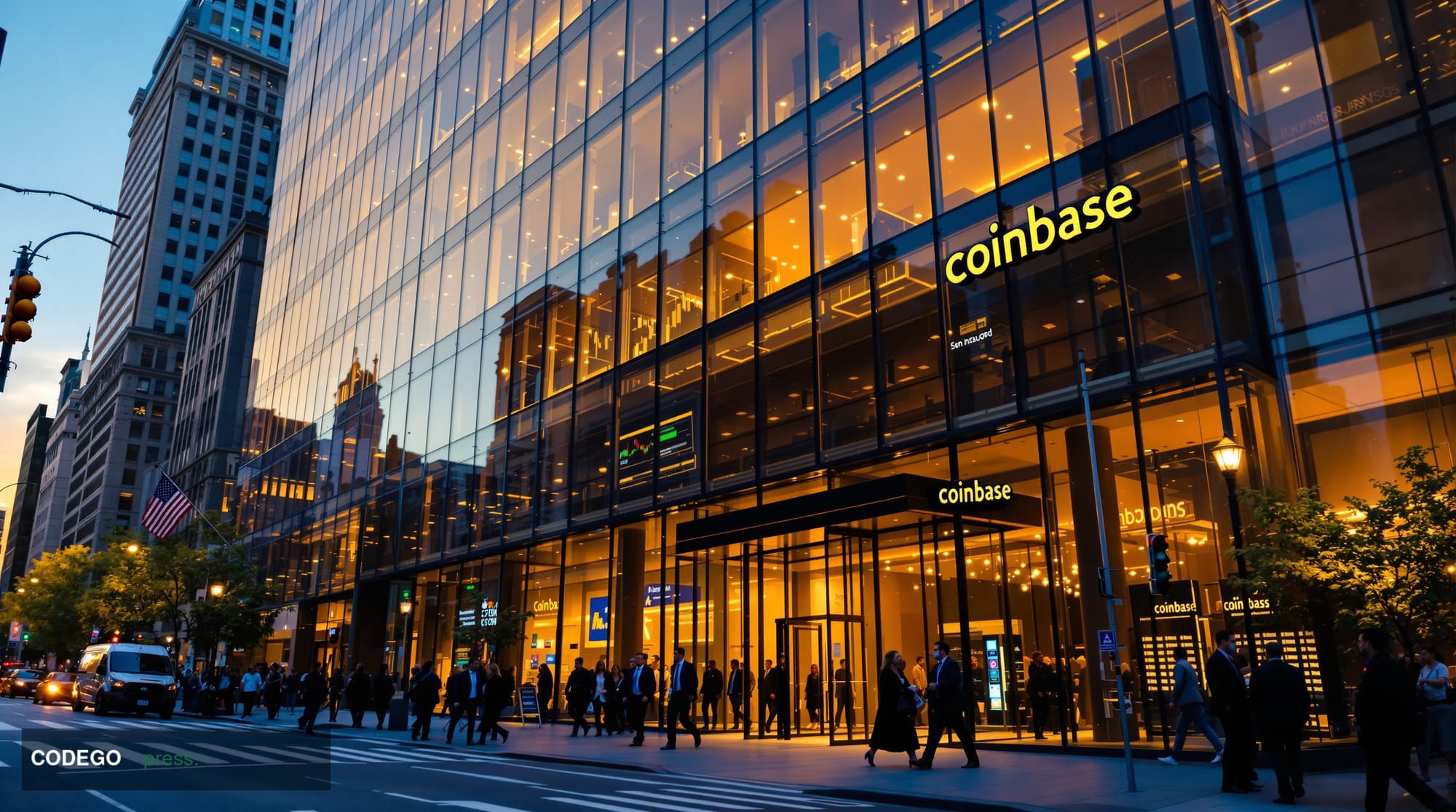 A cinematic editorial photograph showcasing Coinbase's San Francisco headquarters building at golden hour, with the distincti