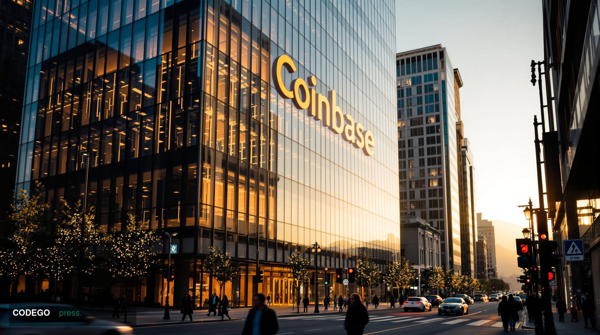 A dramatic editorial photograph of Coinbase's modern San Francisco headquarters building exterior, shot from a low angle with
