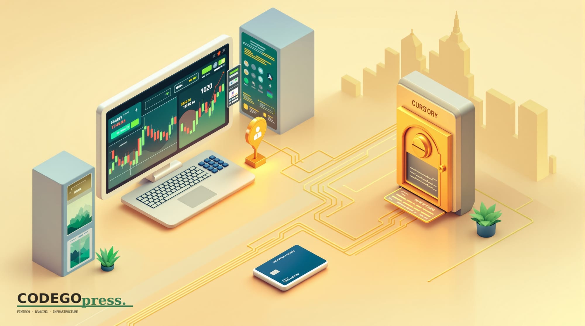 Flat 3D isometric vector editorial illustration in banking-green (#1A6B43) with cream background. Show a split-screen composi
