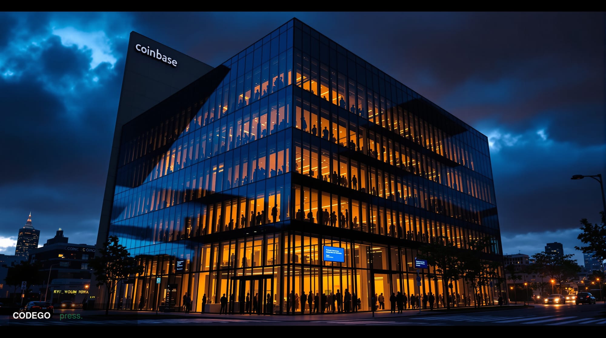 A photorealistic editorial photograph showing Coinbase's distinctive San Francisco headquarters building at night during a cr