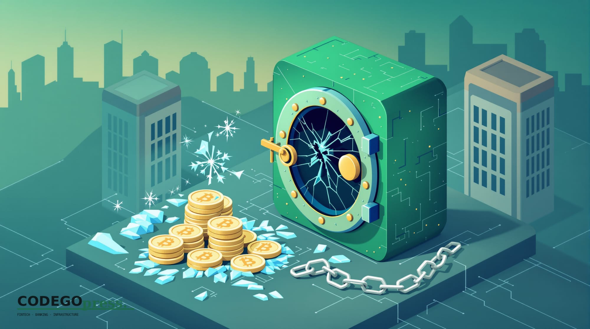 flat 3D isometric vector editorial illustration showing a digital vault door (representing Coinbase custody) with frozen cryp