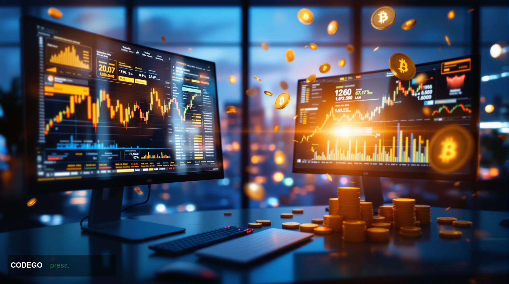 A photorealistic editorial photograph showcasing the convergence of traditional finance and blockchain technology. The scene 