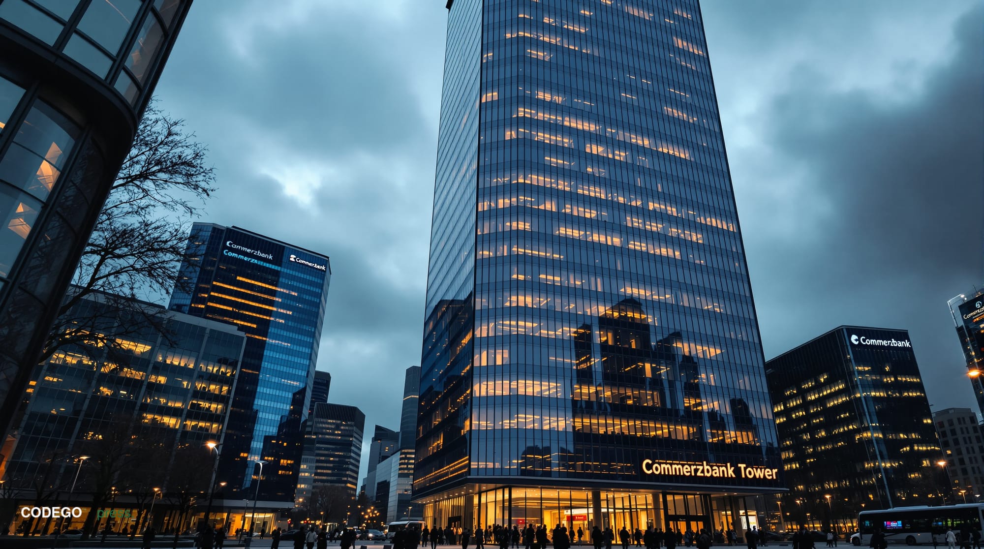 A cinematic photorealistic editorial photograph showing the imposing glass and steel facade of Commerzbank Tower in Frankfurt
