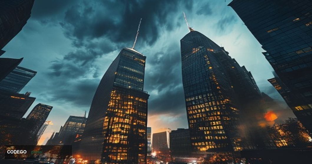 A dramatic photorealistic editorial photograph showcasing the architectural contrast between German and Italian banking power