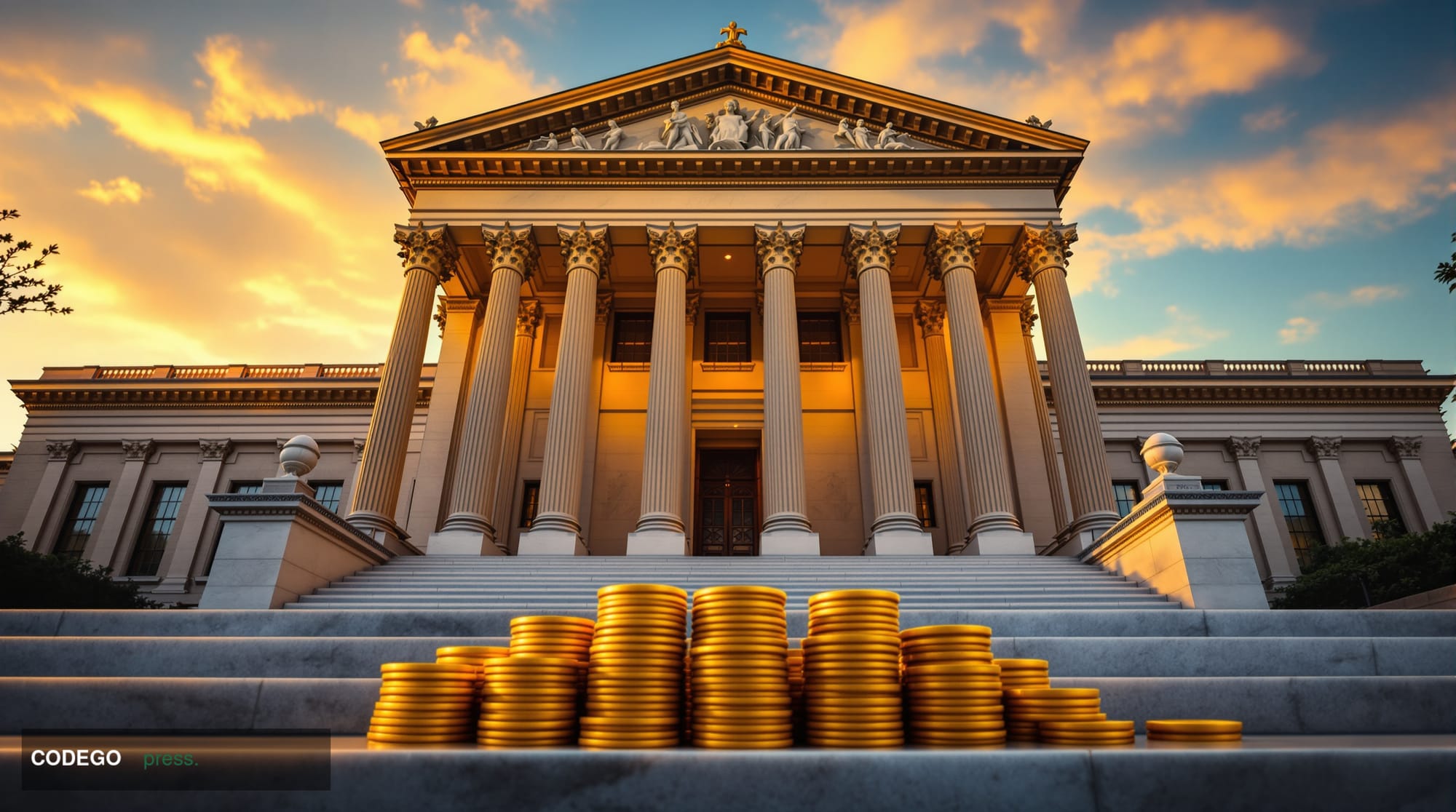 A cinematic editorial photograph of the U.S. Treasury Building in Washington DC at golden hour, shot from a low angle to emph