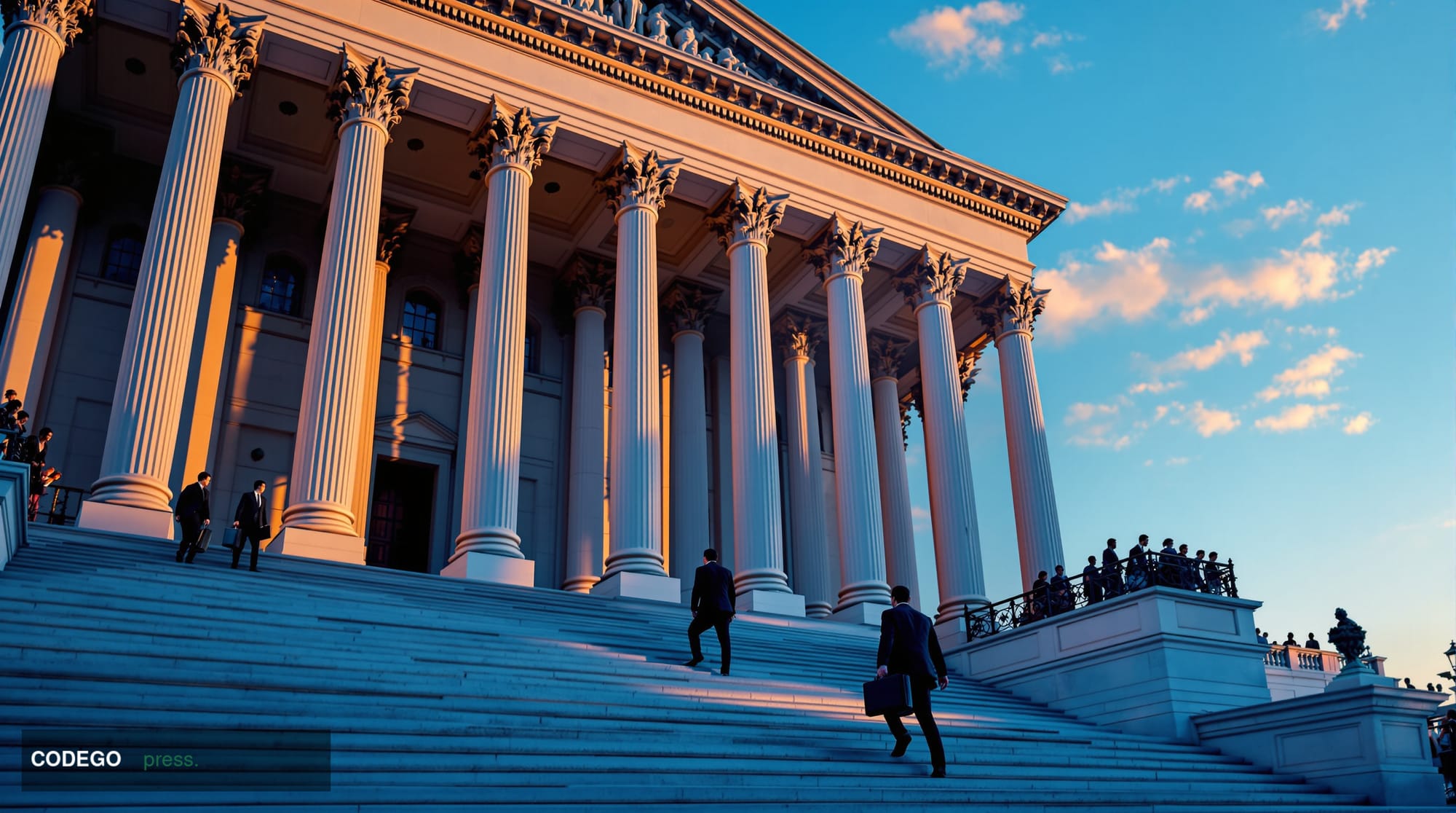 A dramatic photorealistic editorial photograph showing the iconic neoclassical facade of a US Capitol building or House offic