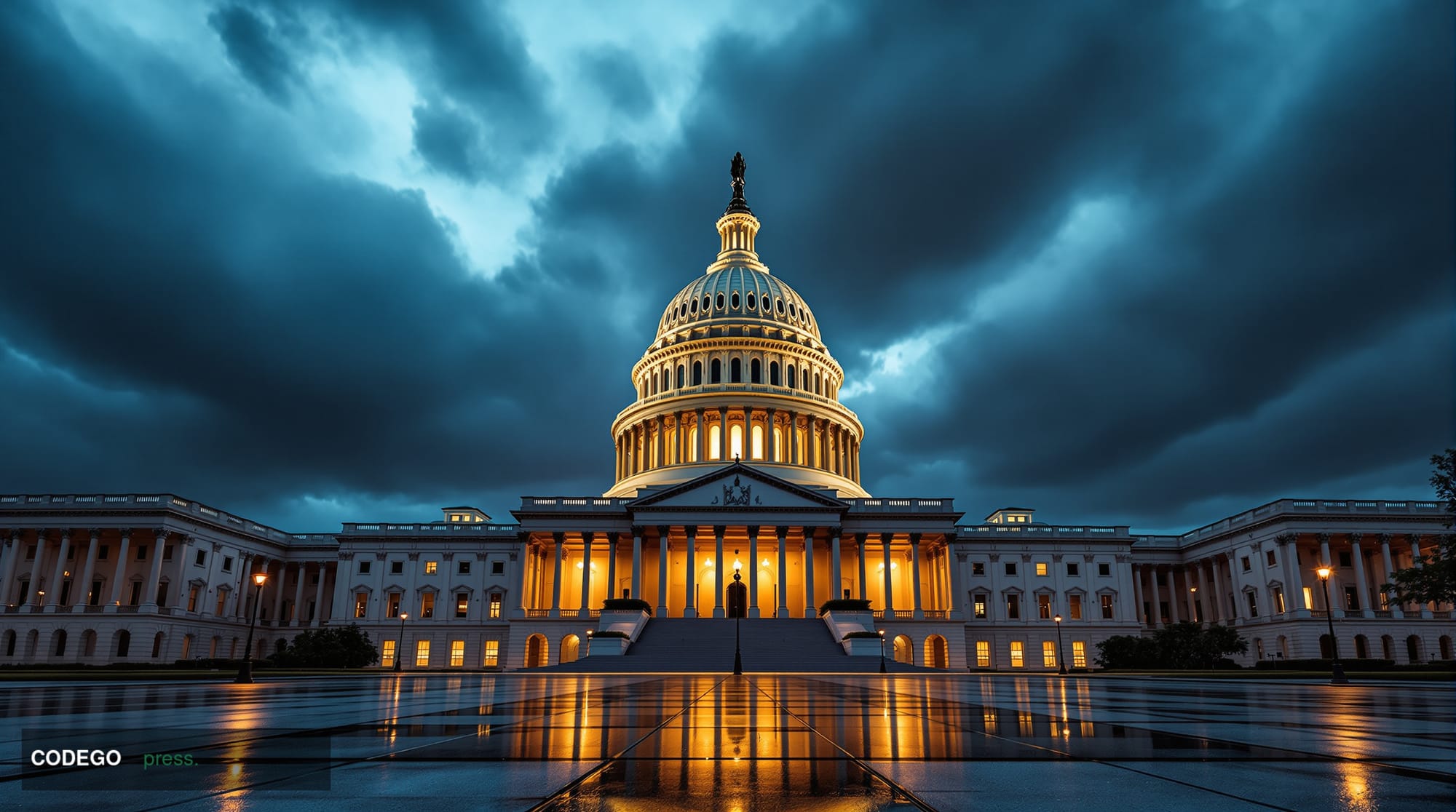 A cinematic editorial photograph of the US Capitol building dome against a dramatic stormy sky, shot from a low angle with th