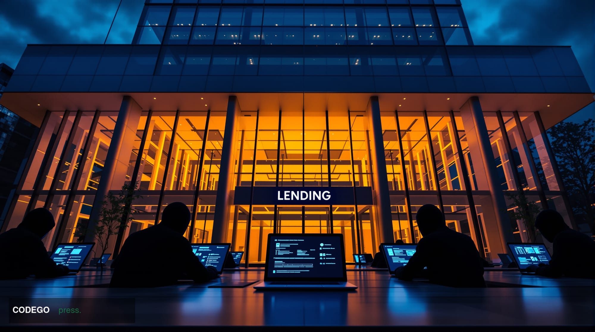 A dramatic photorealistic editorial photograph capturing the modern consumer lending fraud crisis. The scene shows a sleek co