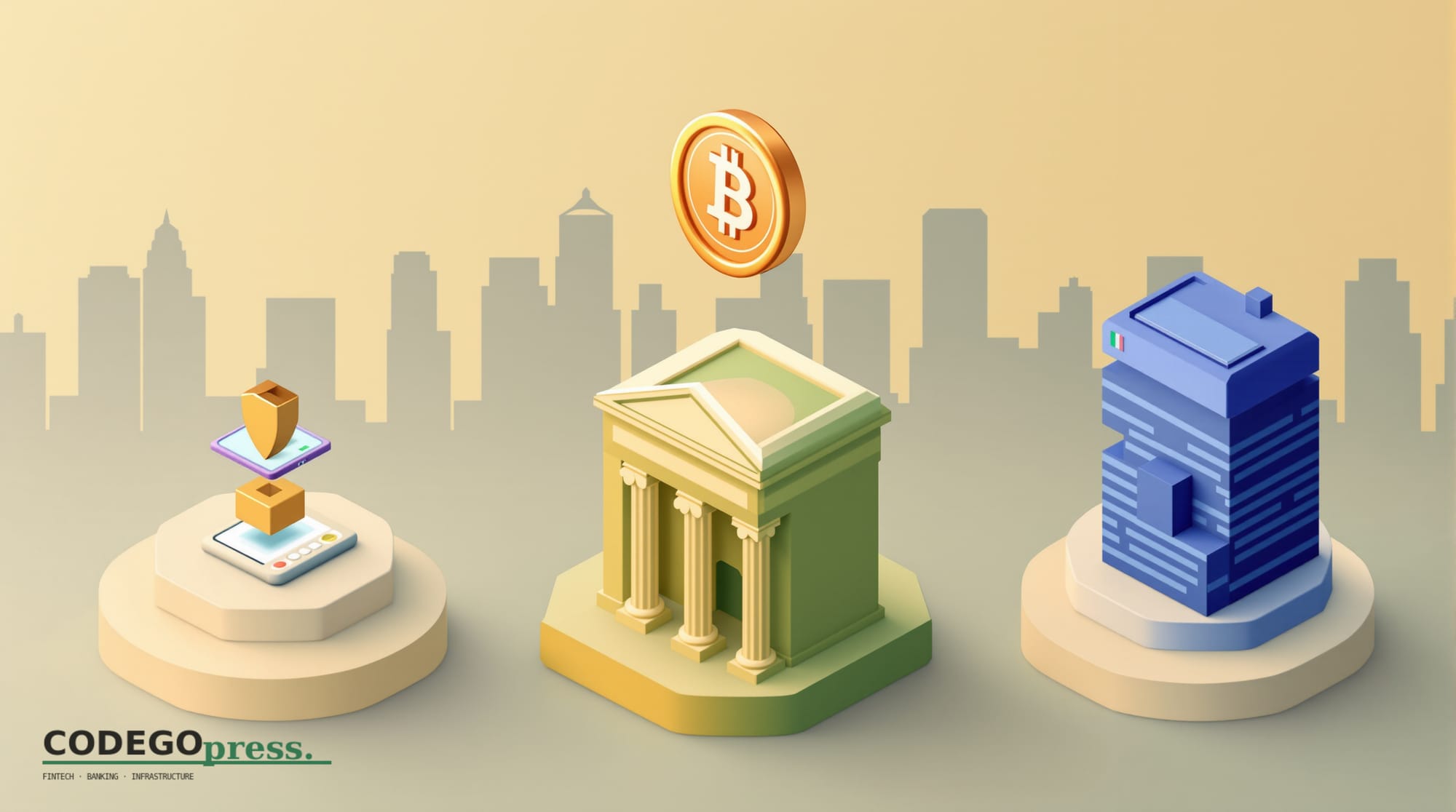 Flat 3D isometric vector editorial illustration showing three interconnected vertical pillars: (1) a CBDC-branded digital tok