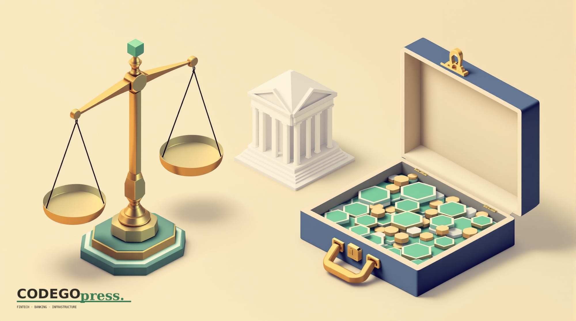 flat 3D isometric vector editorial illustration, banking-green primary (#1A6B43), cream background, gold and navy accents, so