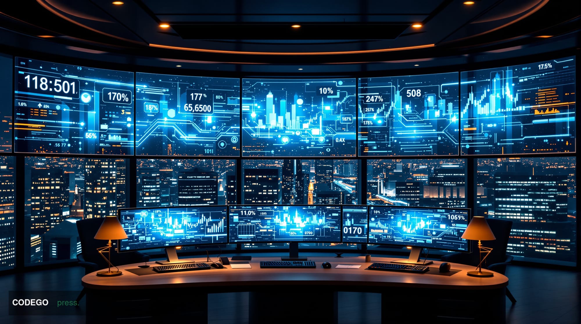 A sophisticated corporate financial operations center photographed in dramatic editorial style, featuring multiple curved tra