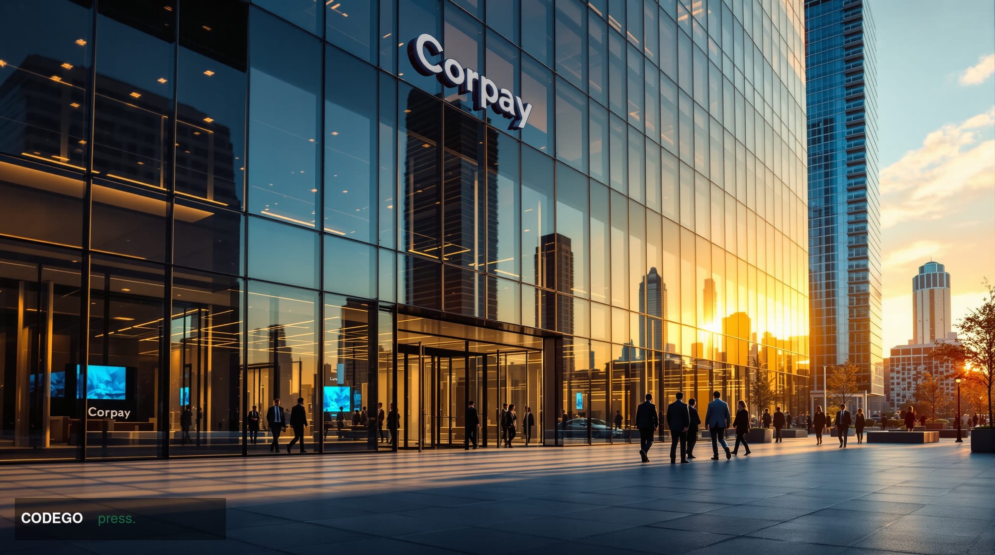 A cinematic editorial photograph of Corpay's modern corporate headquarters in Atlanta, Georgia, featuring the sleek glass and