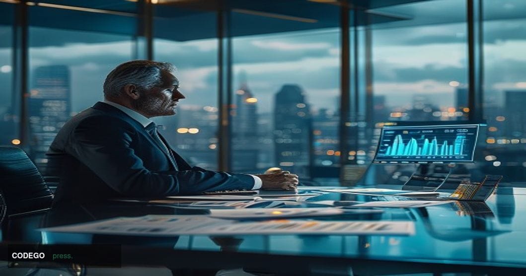 A boardroom scene showing a senior executive in business attire sitting at a sleek glass conference table, reviewing financia