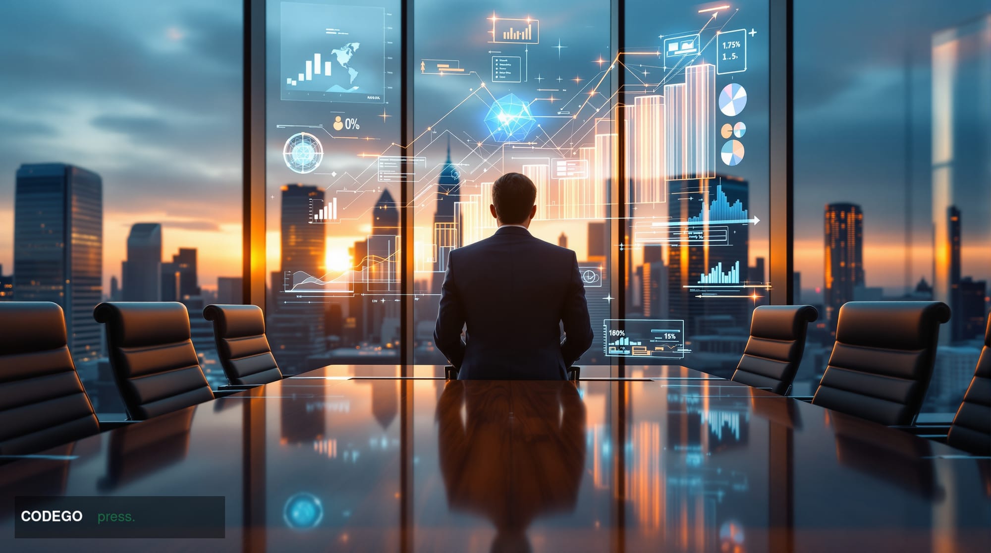 A photorealistic editorial photograph showing a modern corporate boardroom with floor-to-ceiling windows overlooking a financ