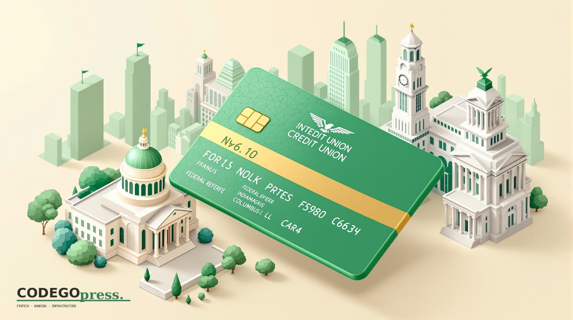 Large embossed credit union membership card in banking-green centre with gold accent stripe, stylised Interra regional headqu