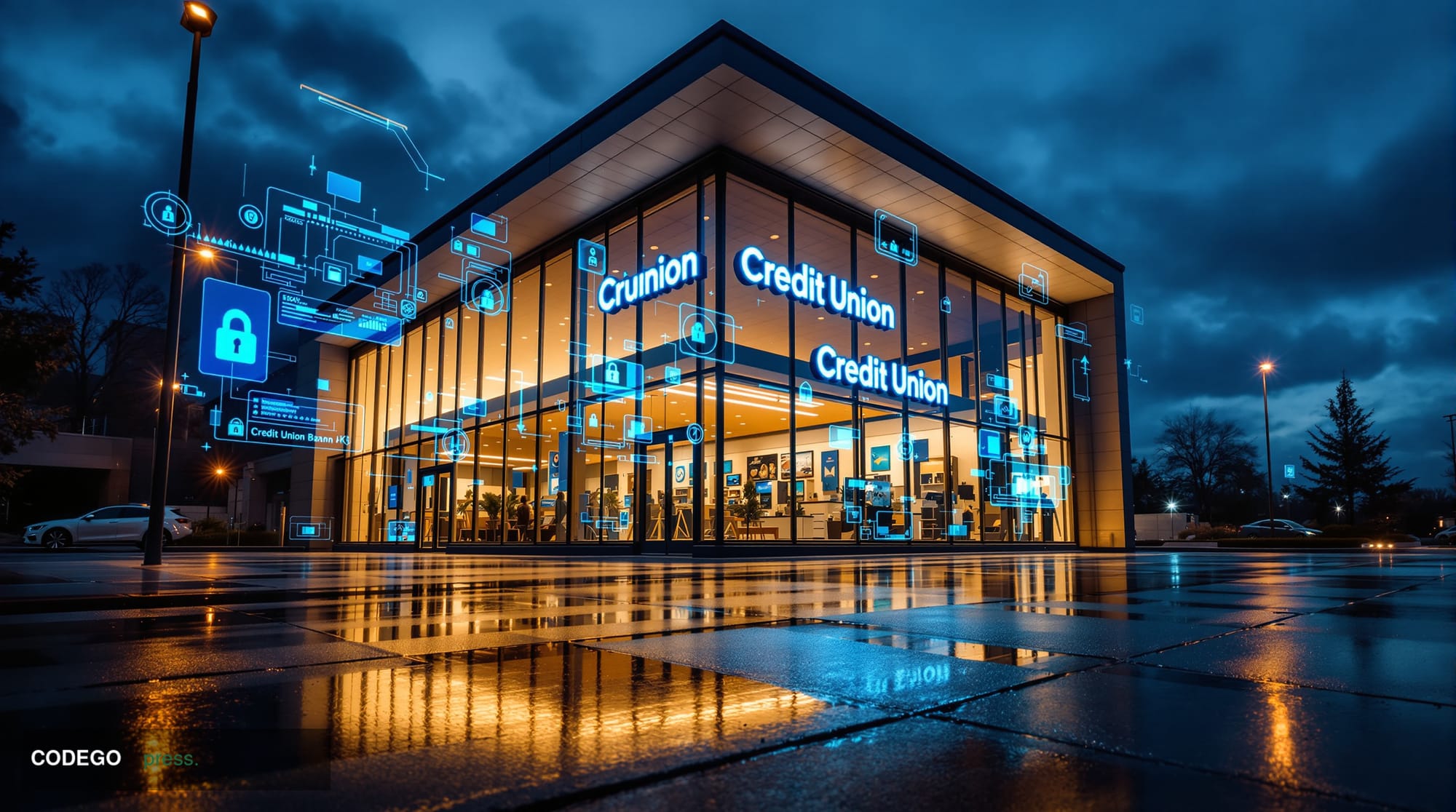 A photorealistic editorial photograph of a modern credit union branch exterior at dusk, with warm amber lighting from the int