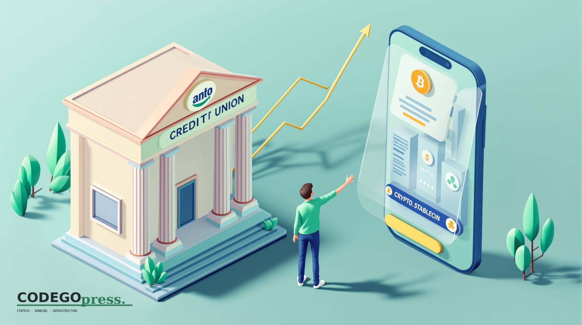 flat 3D isometric vector editorial illustration, banking-green primary (#1A6B43), cream background, gold and navy accents, so