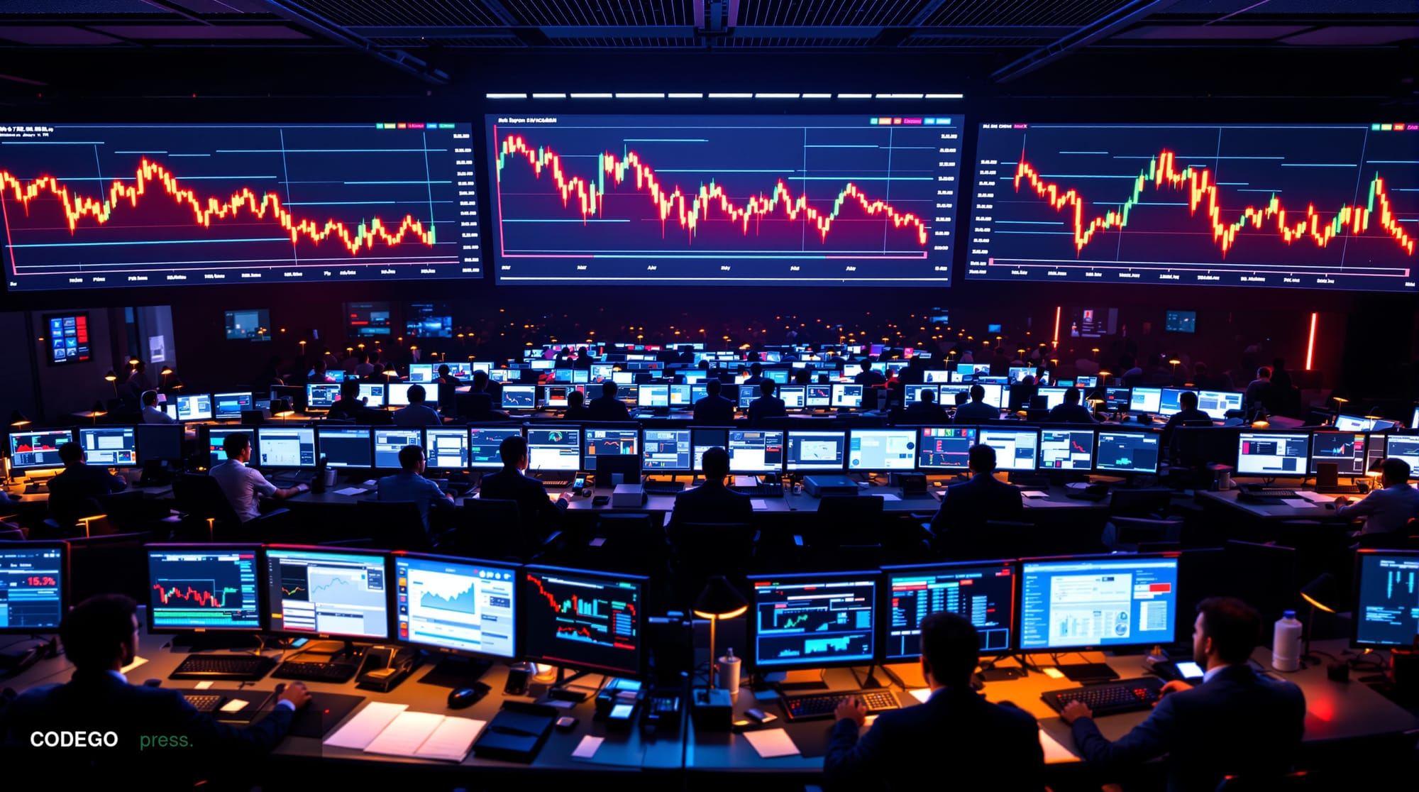 A dramatic photorealistic editorial photograph showing a cryptocurrency trading floor or digital asset exchange environment i