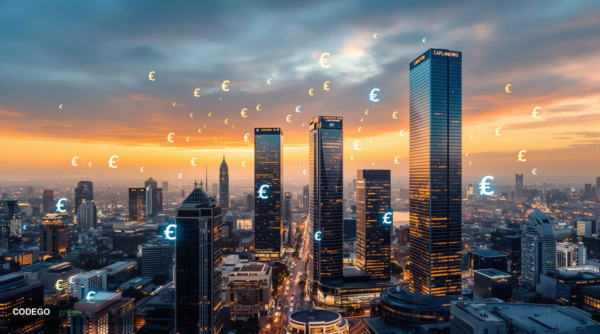 Dramatic aerial view of Johannesburg's financial district at golden hour, with the iconic Ponte City Tower and Carlton Centre