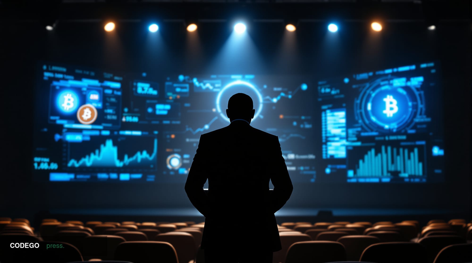 A cinematic editorial photograph showing a shadowy figure in a dark suit standing behind a podium with cryptocurrency logos a
