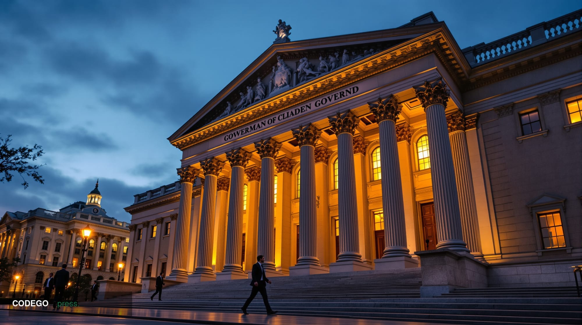 A cinematic editorial photograph showing the imposing neoclassical facade of the US Treasury building in Washington DC at dus