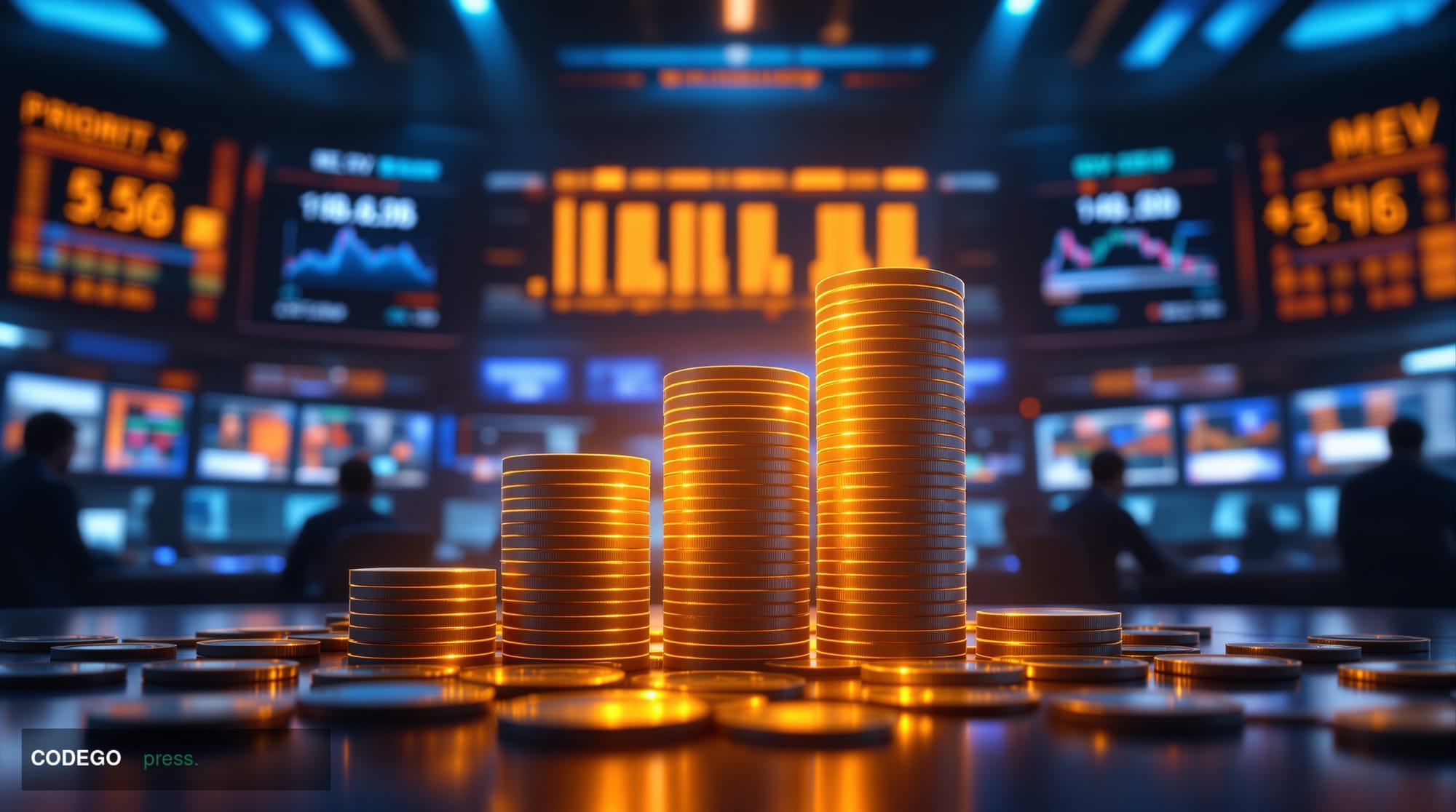 A photorealistic editorial photograph showing a futuristic cryptocurrency exchange trading floor with multiple monitors displ