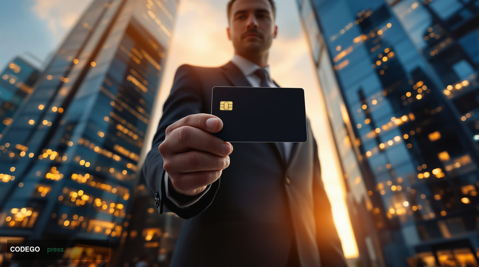 A cinematic editorial photograph of a modern financial district at golden hour, featuring sleek glass towers of major payment